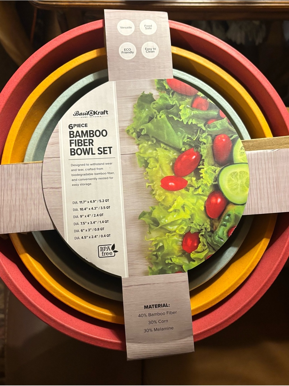 6-Piece Bamboo Fiber Bowl Set - Red, Yellow, Green